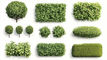 Diverse green shrubbery and tree collection on white background for landscaping projects