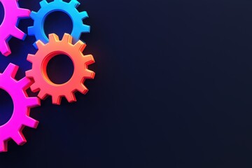 Interlocking glowing gears in vibrant neon hues, symbolizing advanced machinery and futuristic concepts in 3D