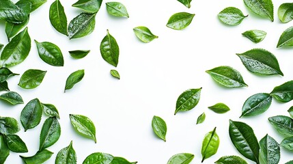 Green tea leaves, isolated on white background, a premium selection of green tea leaves