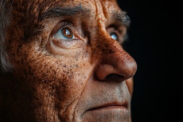 Obraz premium Elderly man gazes thoughtfully, displaying deep wrinkles and wisdom in his eyes during a quiet moment of reflection