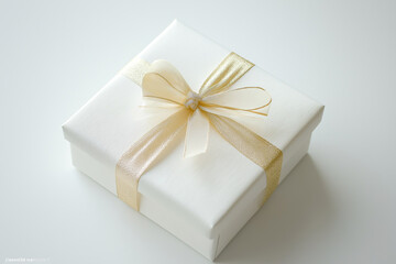 Obraz premium White gift box with shiny gold ribbon bow. Decoration advertising template design. Anniversary celebration and special day with present