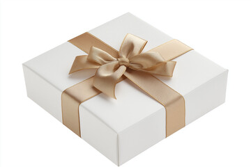 Obraz premium White gift box with shiny gold ribbon bow. Decoration advertising template design. Anniversary celebration and special day with present