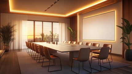 Modern Meeting Room with Large Table and Sunset View