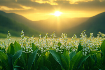 Lily of the valley field at sunset golden hour