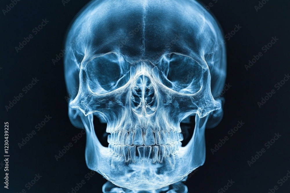 Poster detailed x-ray of a human skull highlighting intricate bone structure and features in a clear view
