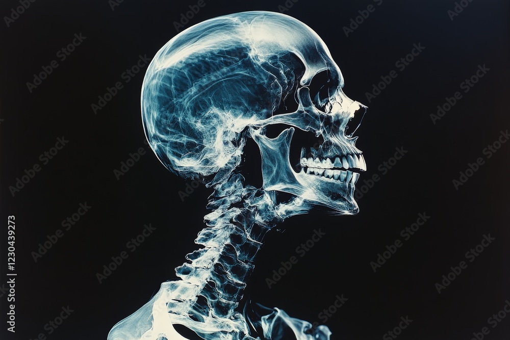 Aufkleber Human skull and spine in profile view displayed with detailed x-ray imaging under contrasting lighting conditions