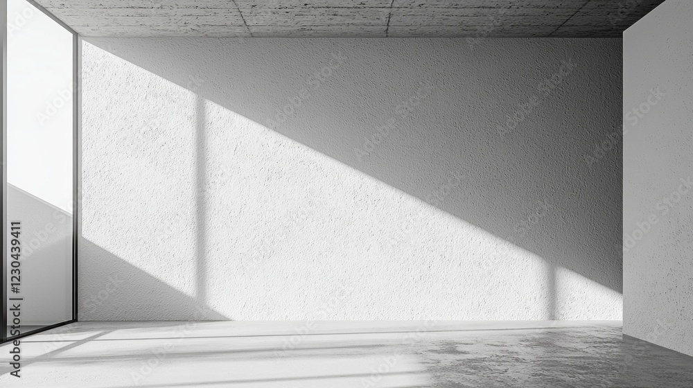 Poster a spacious area features a pristine white plaster wall illuminated by soft, natural light spilling t
