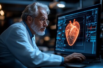 Expert cardiologist analyzing heart data on a computer screen in a modern medical lab during evening hours