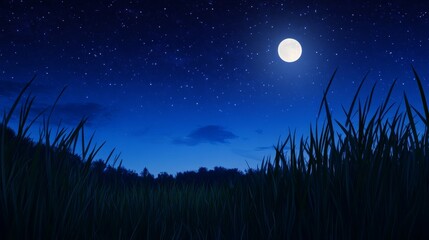 Serene night landscape featuring a bright full moon illuminating tall grass under a starry sky