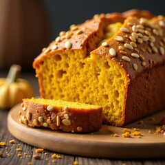 Crumbly pumpkin bread with sunflower seeds on top, bread, autumn, seasonal