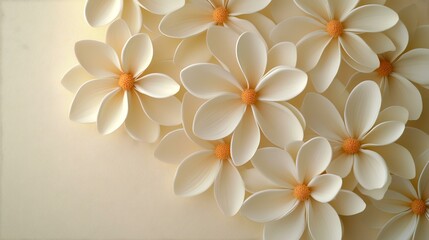 Fototapeta premium Cream paper flowers bouquet, close-up, neutral background, wedding invitation design