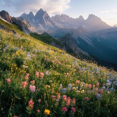 Fototapeta premium Vibrant Wildflower Meadow with Majestic Mountain Range Background
