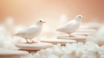 Obraz premium Two white doves perched on smooth stones amidst white flowers, peaceful serenity scene, ideal for meditation or spiritual themes