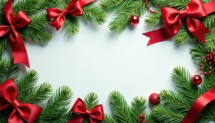 Fir branches with ribbons and bows tied around them like a garland, bows, Christmas decorations, festive