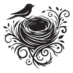 Bird Nest Silhouette Illustration with Floral Design