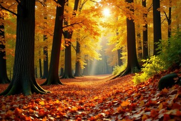 Fototapeta premium Forest floor carpeted with oak leaves in autumn colors, trees, forest, leaves