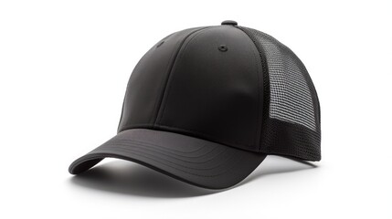 Fototapeta premium Black Mesh Cap - Baseball Accessory for Clothing, Isolated on White Background, Closeup Blank Cap
