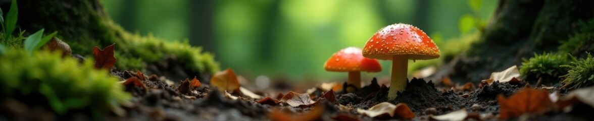 Fototapeta premium Forest floor with mushroom growth amidst decaying wood, fall, mushroom growth