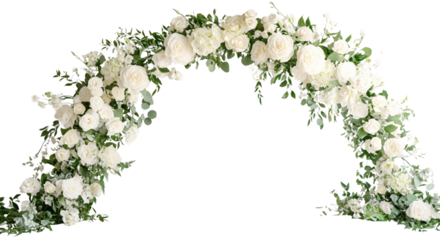 A wedding flower arch decorated with white roses isolated on transparent background