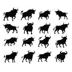 Black angry bull vector silhouette.Angry running bull icon illustration. Bull vector illustration. Domestic animal. Buffalo collection. Farm animal.