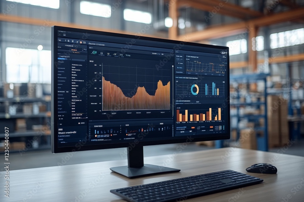 Poster Data analysis dashboard displaying statistics and trends in a modern workspace with industrial elements