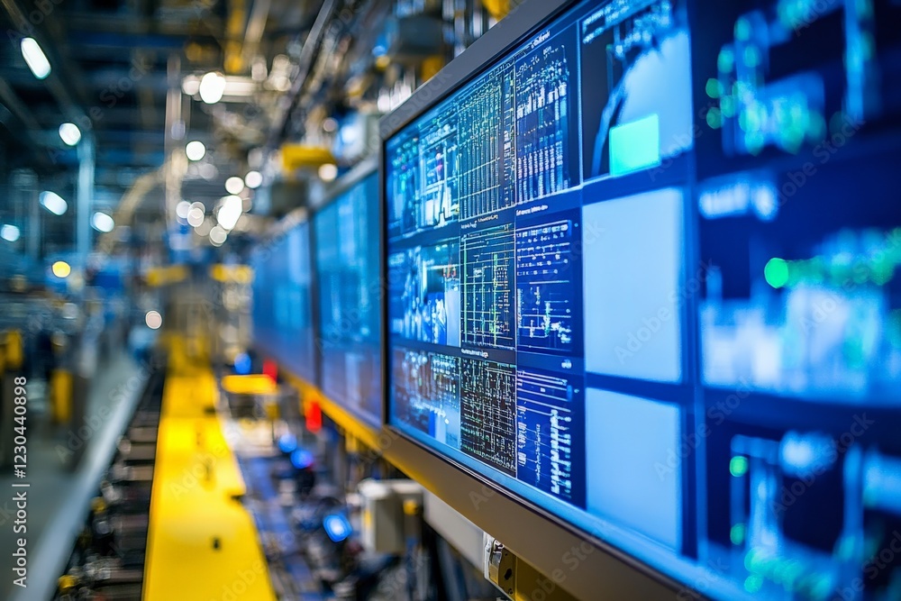 Leinwandbilder Advanced manufacturing facility showcasing high-tech screens with data analytics and production metrics displayed