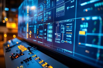 Advanced control panel displaying intricate digital data in a modern control room at night