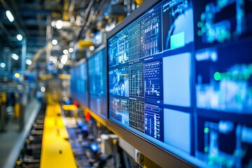 Advanced manufacturing facility showcasing high-tech screens with data analytics and production metrics displayed