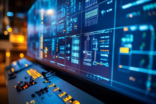 Advanced control panel displaying intricate digital data in a modern control room at night