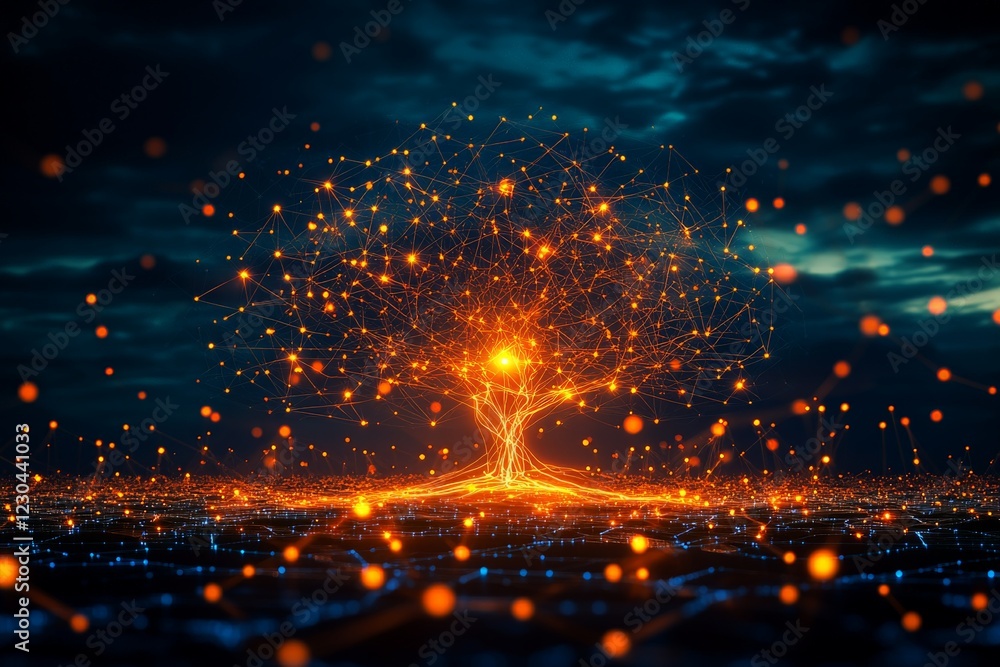Poster digital tree of life glowing against a dark sky in a surreal landscape at twilight