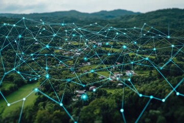Network connectivity visualization over a rural landscape showcasing villages and greenery during daylight