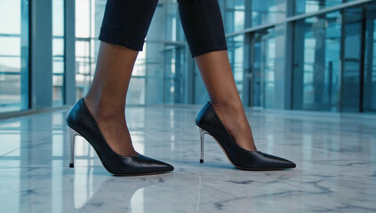 Close-up of a businesswoman walking in sleek black high heels on a polished marble floor in a modern office