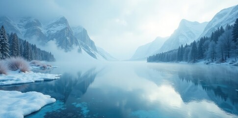 Frosty mist rises from a crystal lake on an icy terrain, frozen, tranquil, ice