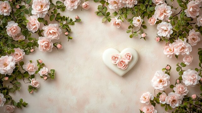 Heart-shaped cookie adorned with roses, nestled amongst pink rose blossoms on a textured background. Ideal for Valentine's Day or Mother's Day cards