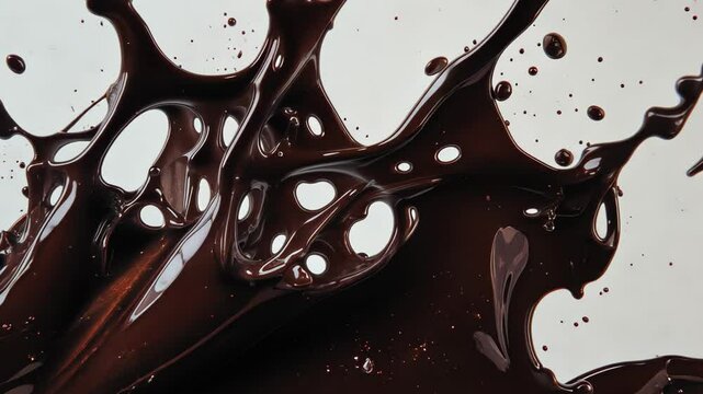 Splash of rich dark chocolate creating a dynamic visual against a soft off-white backdrop, A splash of rich, dark chocolate against a soft, off-white backdrop