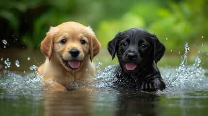 Adorable Labrador puppies swimming in a natural pond, playful dogs enjoying water on a sunny day