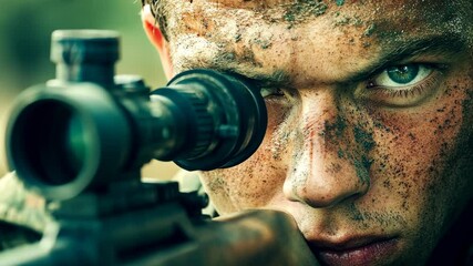 Young soldier aiming with sniper rifle in a rugged outdoor environment during military training - Powered by Adobe