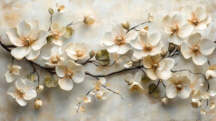 Elegant cream magnolia blossoms branch, textured background, home decor, wall art