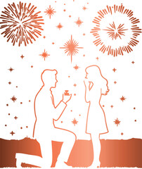 
Romantic red gradient silhouette depicting a marriage proposal under a starry night sky with fireworks. The image shows a man down on one knee, holding a ring box and proposing to a woman.