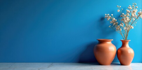 Large earthenware pot against a deep blue wall, vases, dinnerware, blue wall