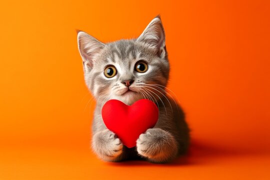 Cute european shorthair young cat with companion toy red heart - emblem of love, funny greeting card. European shorthair - my treasured cat. Ad visual idea. Heart valentine's furry photo.