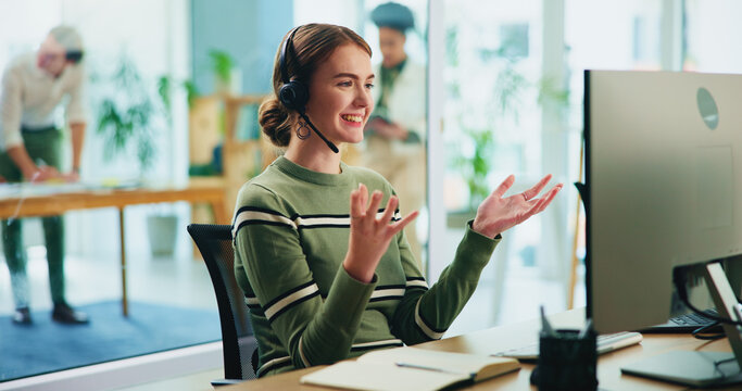 Happy, woman and headset with computer in call centre of communication, customer service and ecommerce. Smile, female agent and talking with mic of telemarketing help, website faq and online solution