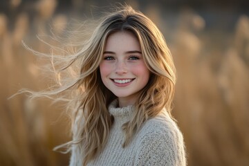 Naklejka premium Bright and cheerful young woman smiles in a field of golden grasses during a sunny day