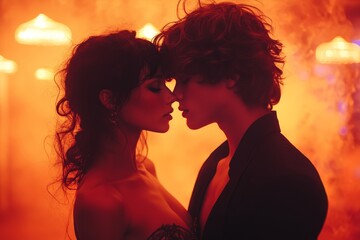 Intimate moment of a couple under dramatic red and orange lights, evoking passion and sensuality. Ideal for love, nightlife, or drama themes.