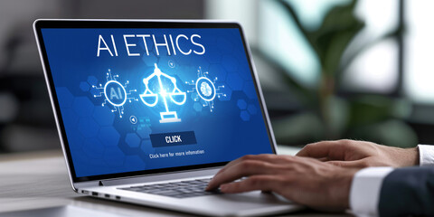 AI ethics responsibility standard law and rules on computer screen provide report of AI ethic transparency preventing technology crime. brisk