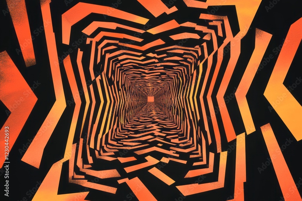 Poster a black and orange background with a series of orange lines. the lines are in a zigzag pattern