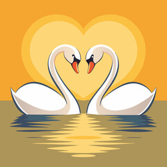 Pair of stylized white swans, heart shape, orange background, minimalist illustration, symmetrical composition, vector art style, romantic concept