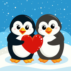 Fototapeta premium Cute cartoon penguins, holding red heart, Valentine's Day theme, snowy background, bright blue sky, white snowflakes, adorable character design
