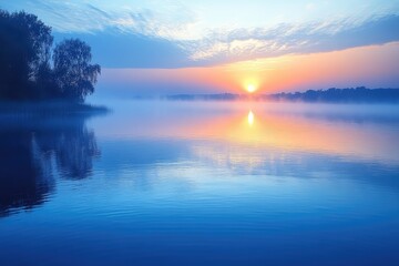 Fototapeta premium A peaceful lake at sunrise, with mist rising from the water