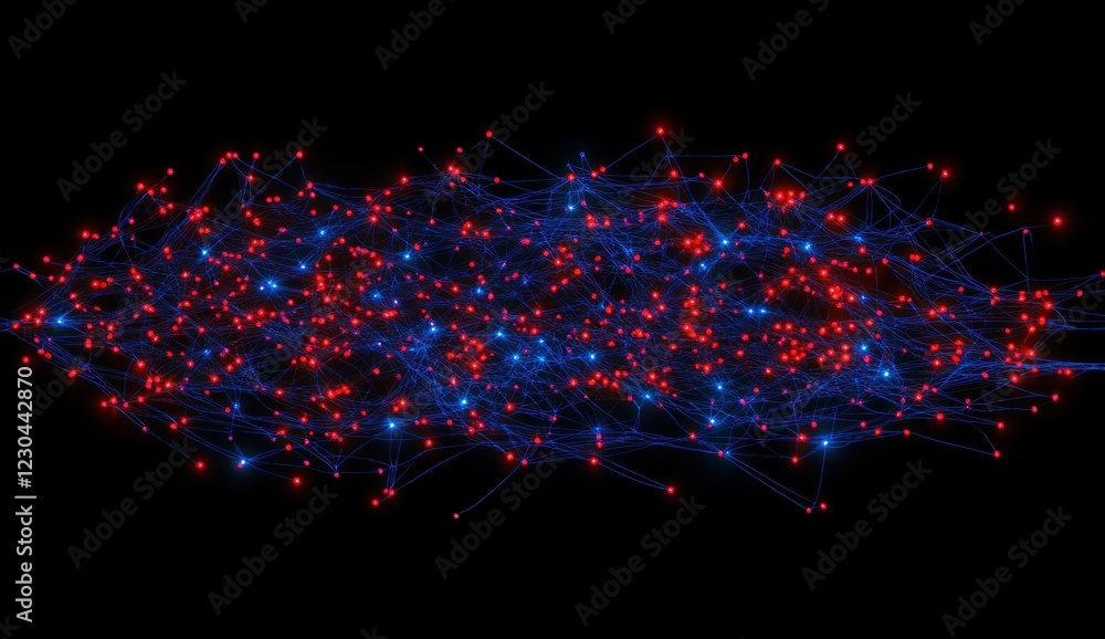 Poster abstract network of glowing red and blue nodes and connections.